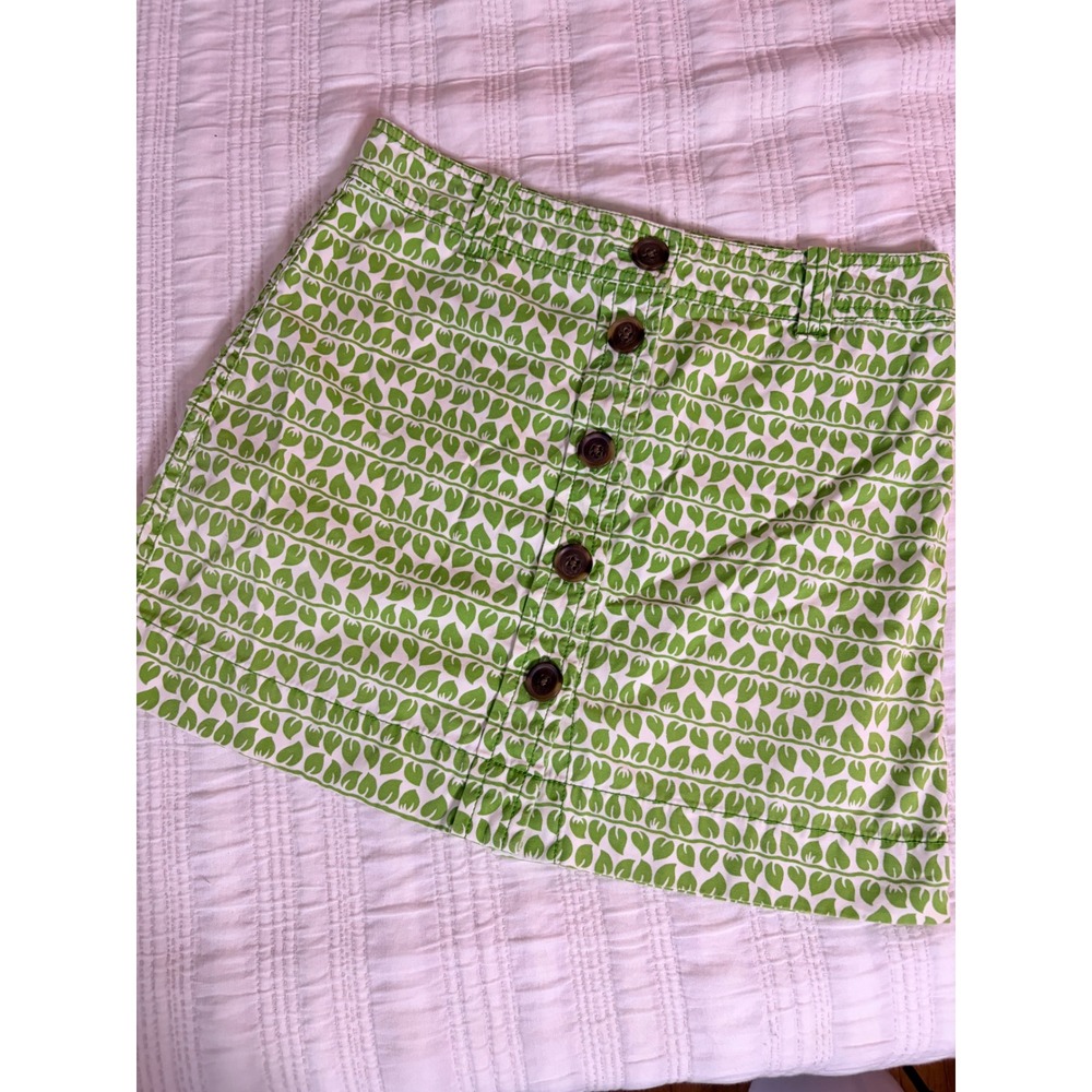 J.Crew Green White Leaf Print Cotton Button Front Mini Skirt Size 2